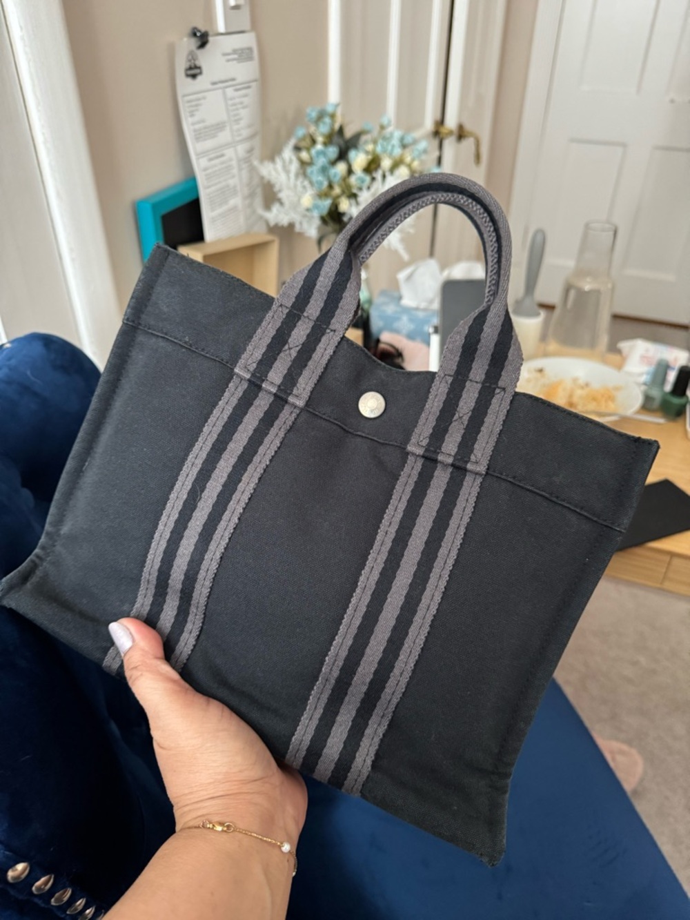 HERMES Black Canvas Tote Bag with Stripe Handles - Picture 2 of 8